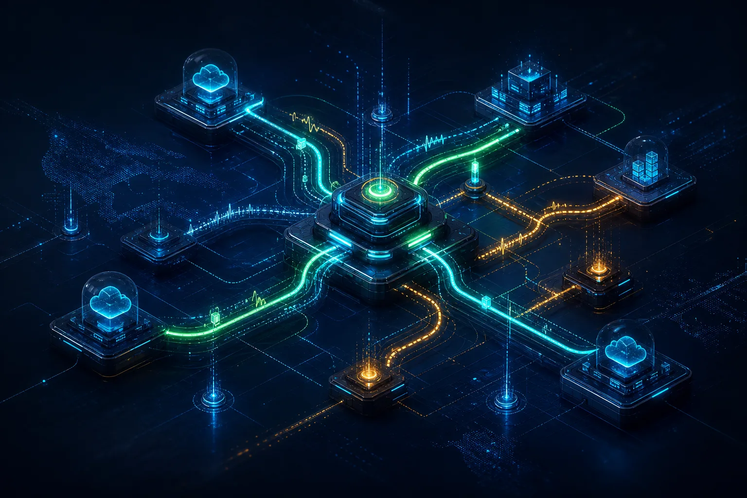 Abstract network of data provenance signals flowing through an AI API pipeline with cryptographic verification nodes