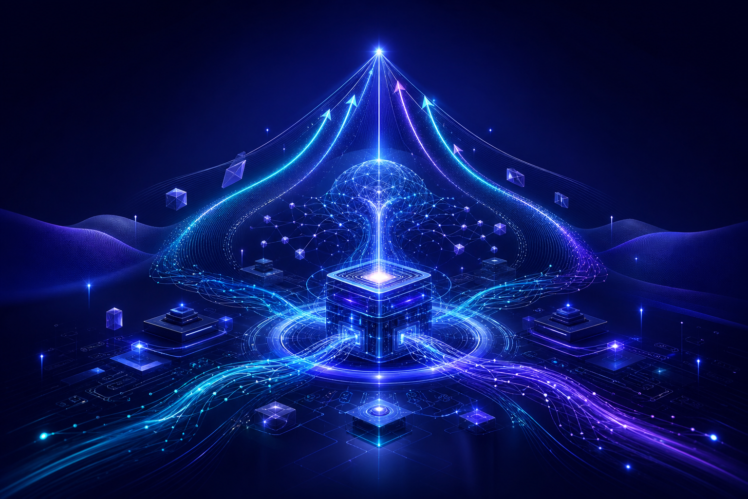 Abstract dark neural network visualization with radiating data streams converging toward a central processing core, representing autonomous AI agent operation