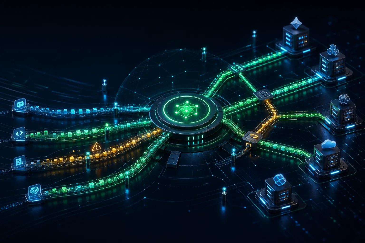 Abstract dark visualization of a streaming token safety filter in an AI routing pipeline