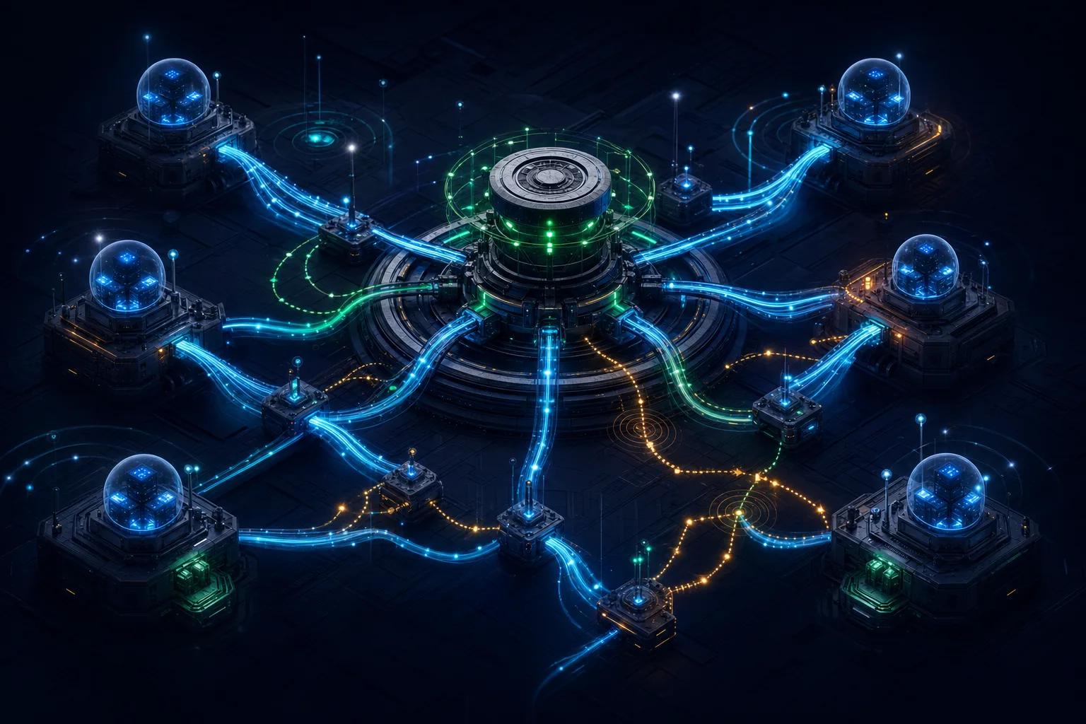 A dark routing fabric connects multiple AI provider nodes through a central control hub, representing model-release oversight and fallback planning.